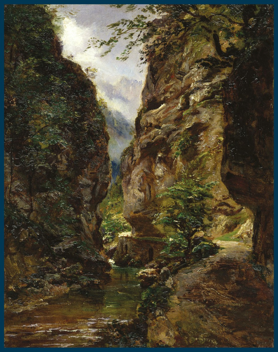 GIROUX André (1801-1874) "Les gorges" Huile sur toile, Cadre d'époque du 19e siècle