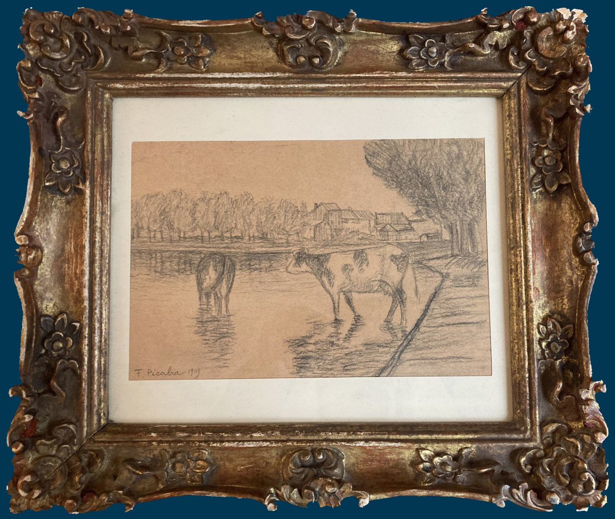 Picabia Francis (1879-1953) "cows By The River" Drawing/black Pencil, Signed, Dated, Framed-photo-2