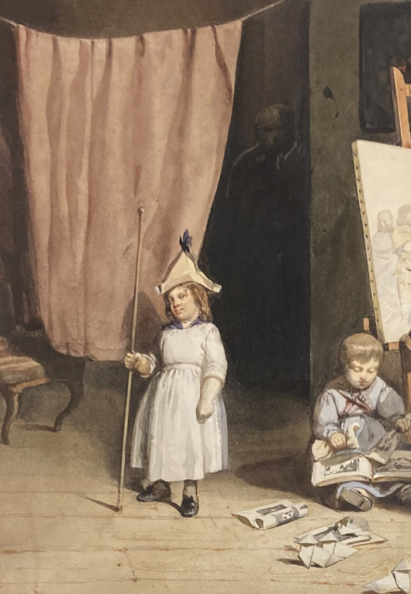 Ramelet Charles (1805-1851) "the Young Painter" Watercolor, Signed-photo-2