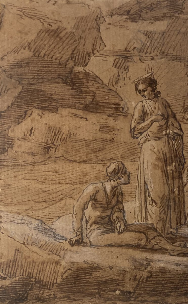 VERNET Joseph (1714-1789) Attribué à, "Personnages et pêcheur" Dessin/ Plume et lavis brun-photo-2