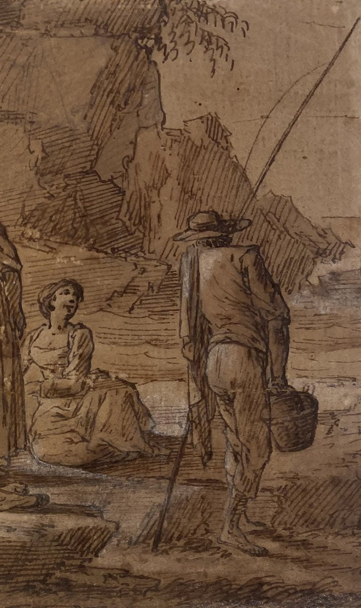 VERNET Joseph (1714-1789) Attribué à, "Personnages et pêcheur" Dessin/ Plume et lavis brun-photo-3