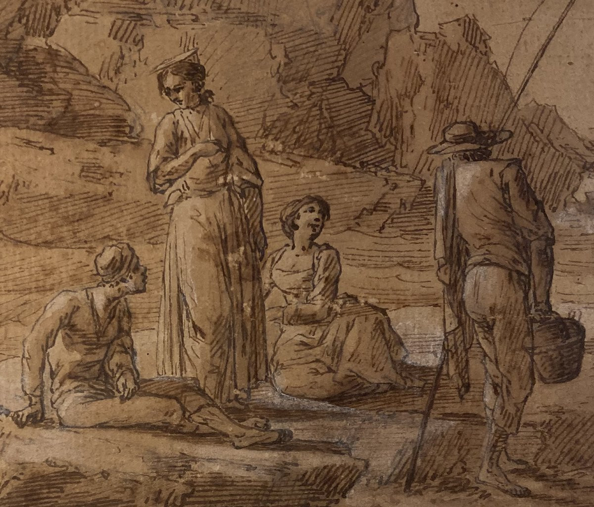 VERNET Joseph (1714-1789) Attribué à, "Personnages et pêcheur" Dessin/ Plume et lavis brun-photo-4