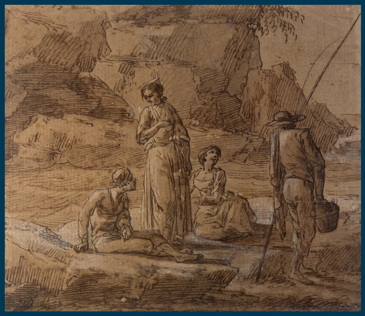 VERNET Joseph (1714-1789) Attribué à, "Personnages et pêcheur" Dessin/ Plume et lavis brun