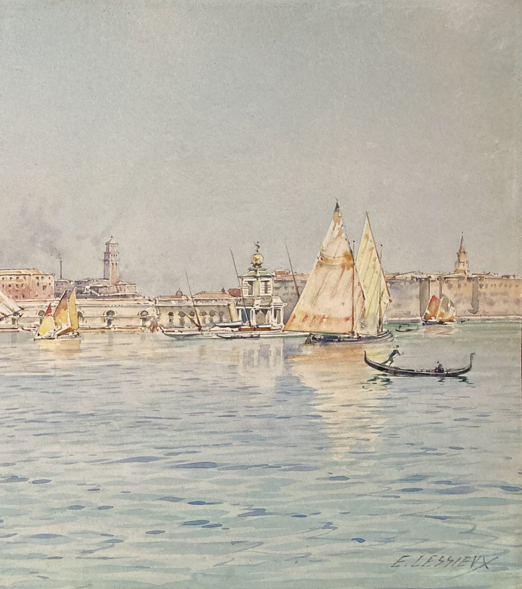 Lessieux Ernest(1848-1925) "venice" Watercolor Drawing, Signed-photo-3