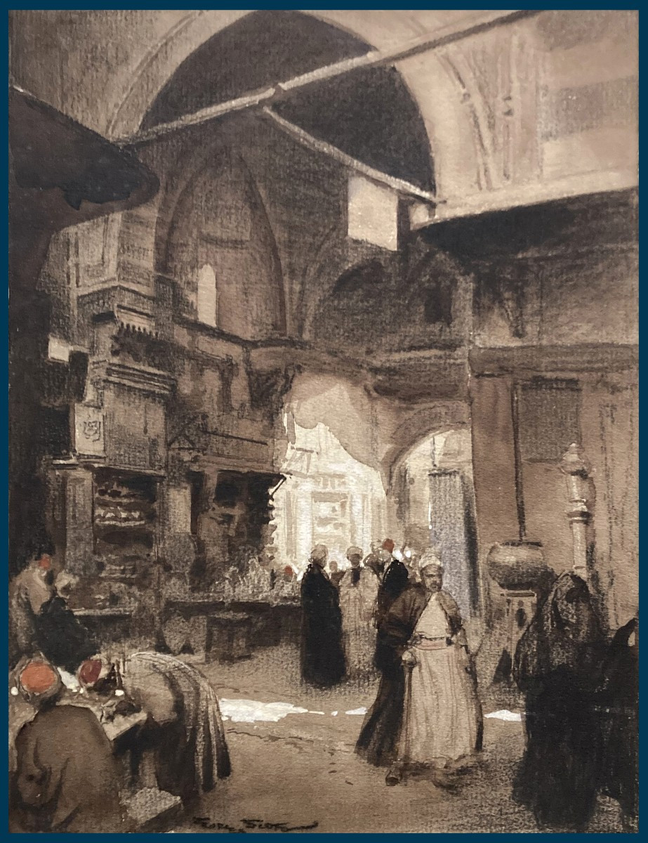 Georges Scott(1873-1943)"the Cairo Bazaar"drawing/black Pencil,watercolor,gouache,signed,framed