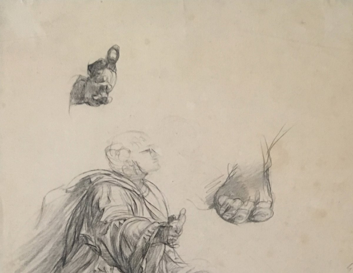 JANMOT Louis (1814-1892) "Homme drapé, étude de main et de pieds" Dessin/Crayon noir, signé-photo-2