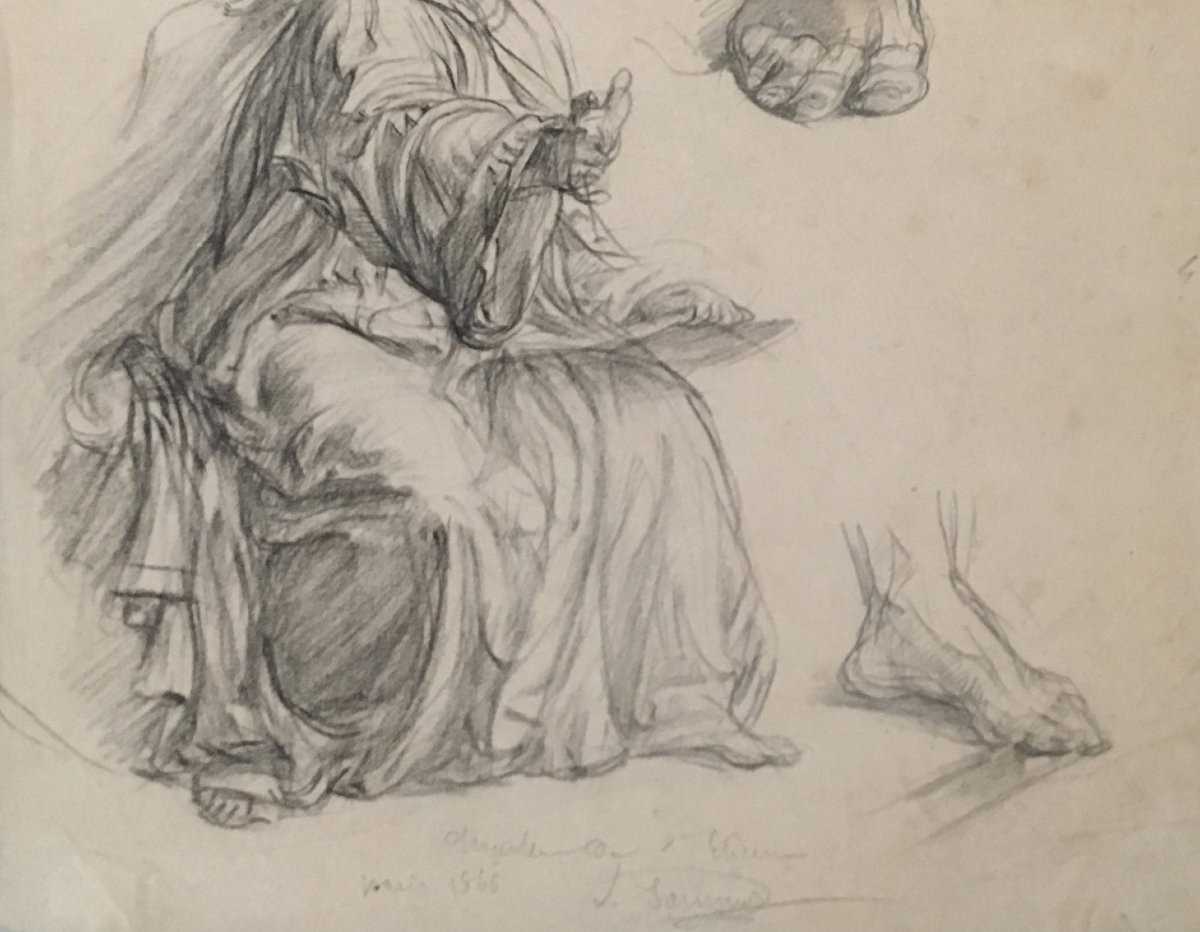 JANMOT Louis (1814-1892) "Homme drapé, étude de main et de pieds" Dessin/Crayon noir, signé-photo-3