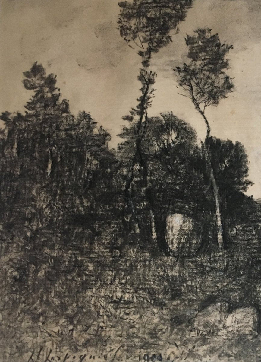 Harpignies Henri (1819-1916) "landscape Le Cap Martin" Drawing In Black Pencil And White Chalk, Signed-photo-2