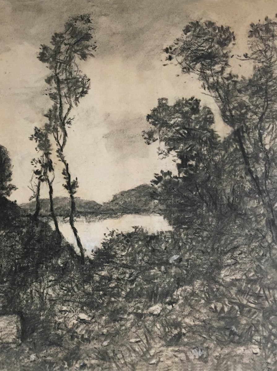 Harpignies Henri (1819-1916) "landscape Le Cap Martin" Drawing In Black Pencil And White Chalk, Signed-photo-3
