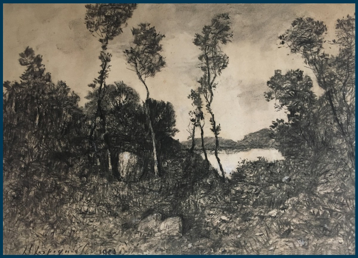 Harpignies Henri (1819-1916) "landscape Le Cap Martin" Drawing In Black Pencil And White Chalk, Signed