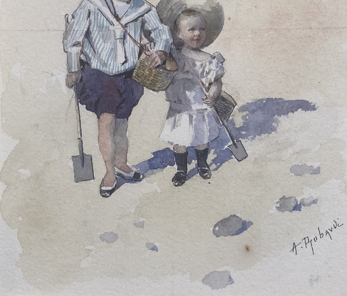Robaudi Alcide (1847-1928) "children At The Beach" Watercolor Drawing, Signed-photo-3