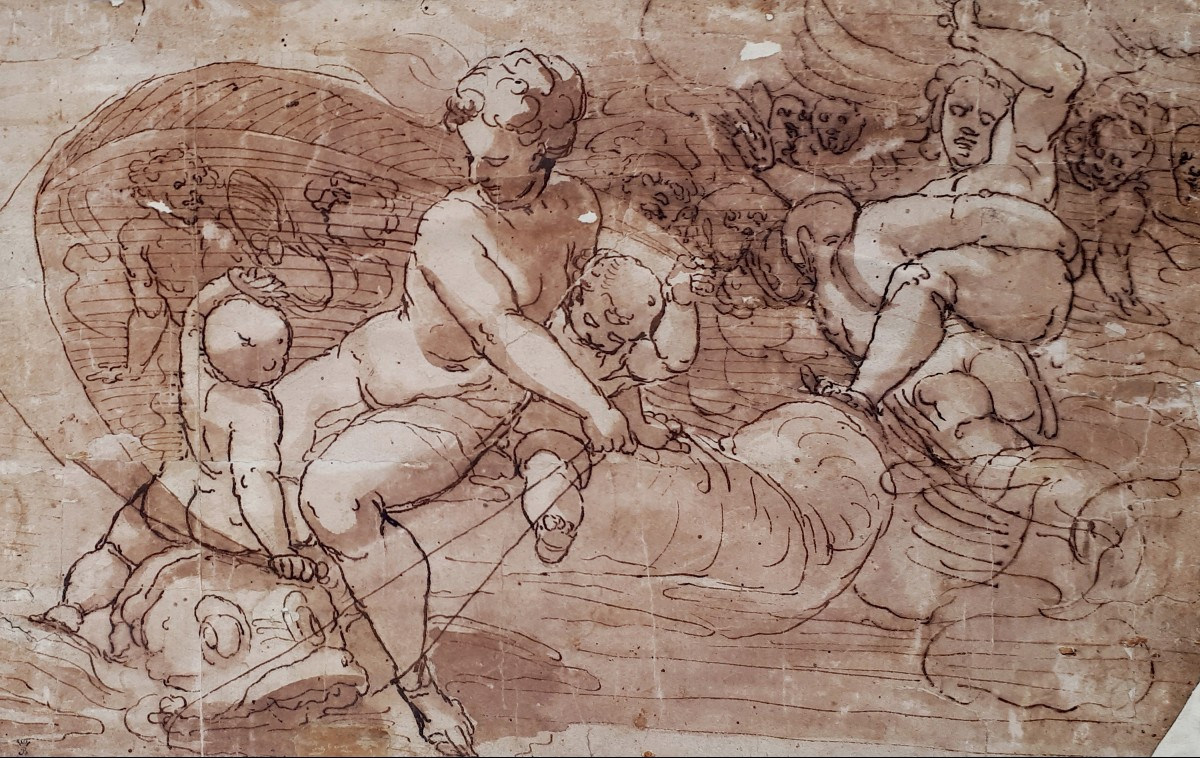 Italian School, 16th Century "galatea" Drawing/pen, Brown Wash, Théophile De Baranowicz Collection