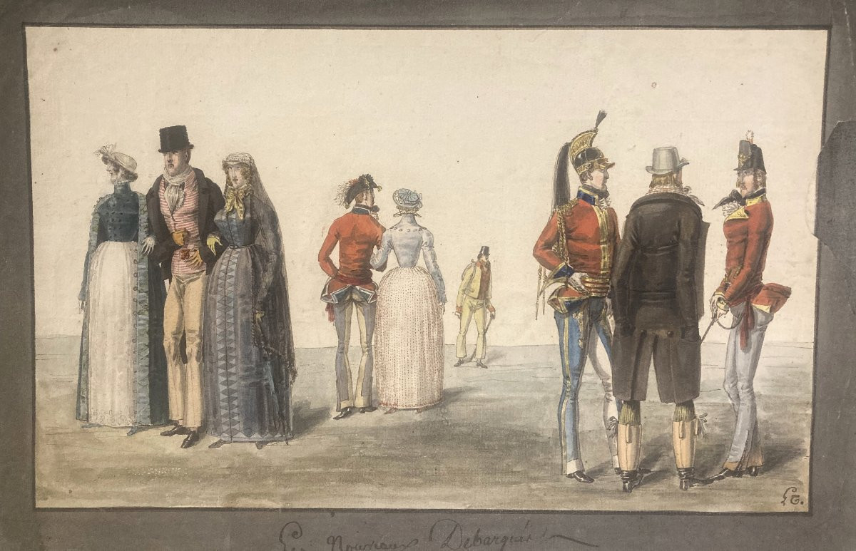 Lanté Louis Marie (1789-1871) "Les nouveaux débarqués 2" Dessin/Plume,aquarelle,Collect. SARDOU-photo-2