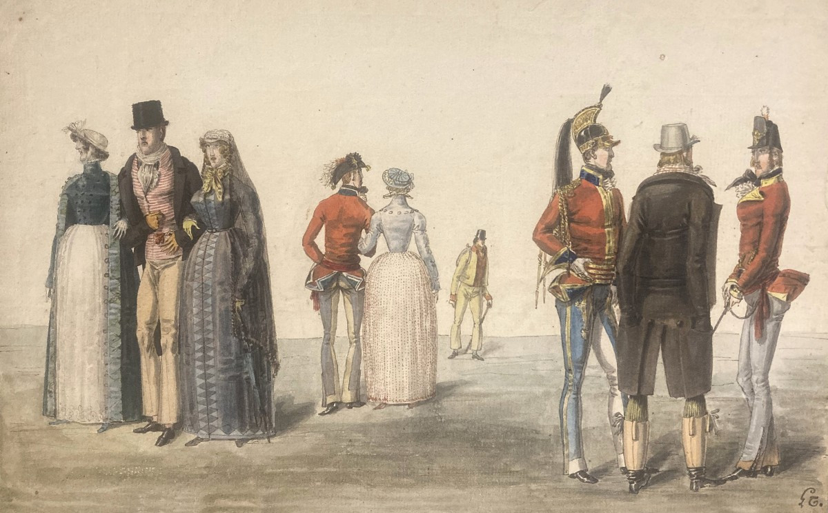 Lanté Louis Marie (1789-1871) "Les nouveaux débarqués 2" Dessin/Plume,aquarelle,Collect. SARDOU