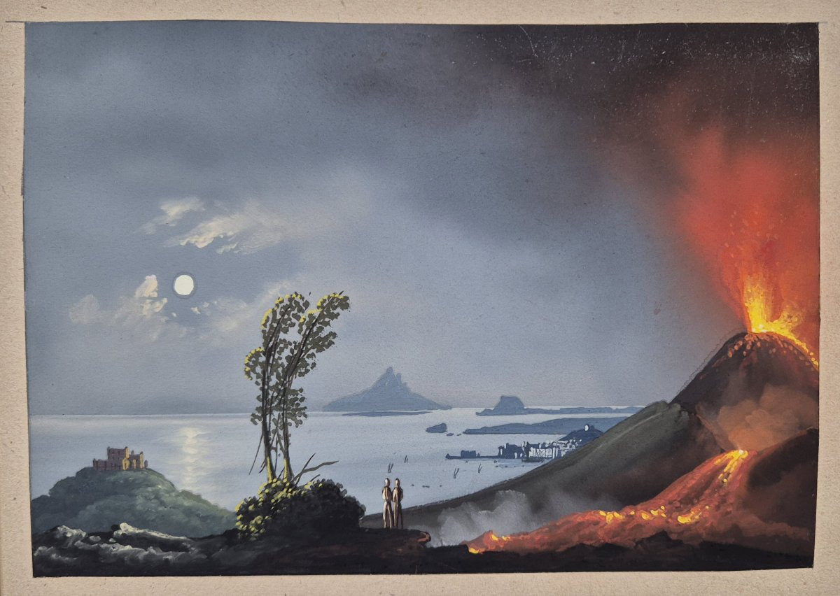 Italian School, Mid-19th Century "night Eruption" Neapolitan Gouache-photo-2