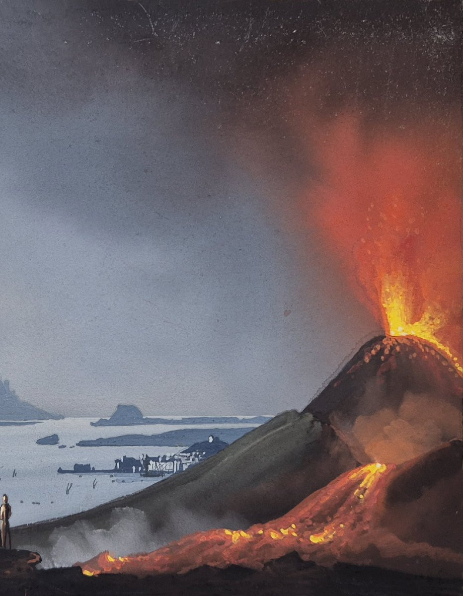 Italian School, Mid-19th Century "night Eruption" Neapolitan Gouache-photo-4