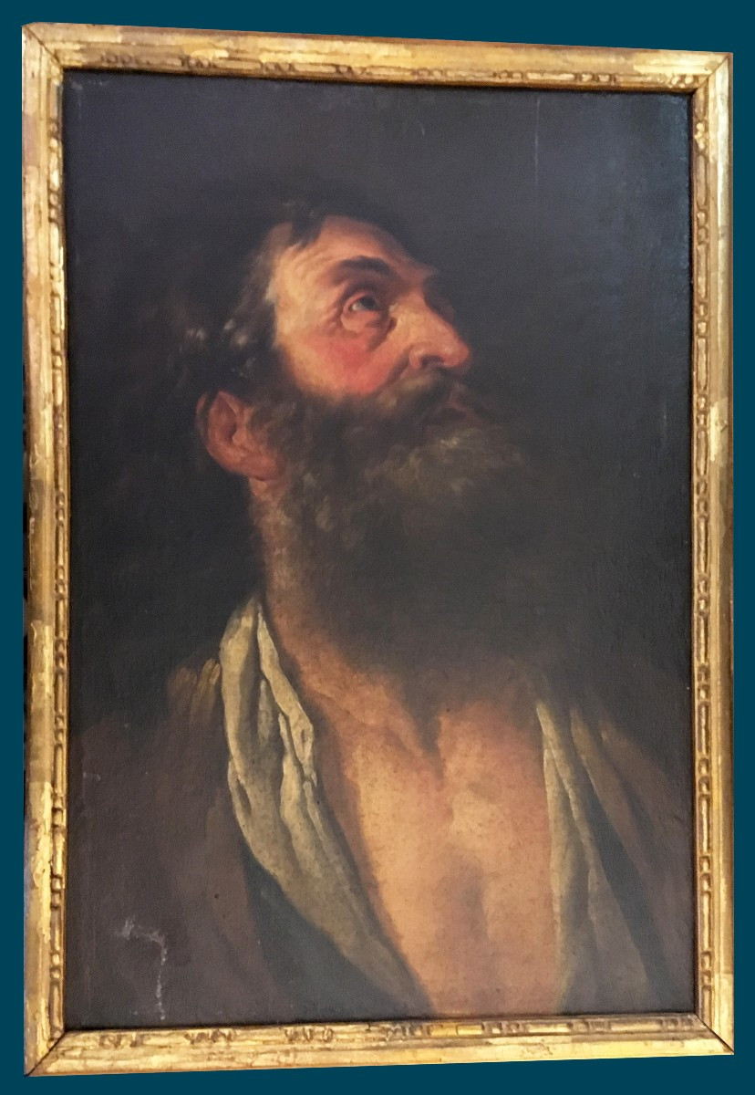 Hallé Noël (1711-1781) Attrib. To "bearded Man,eyes Raised" Oil/paper/mounted/canvas,18th Frame