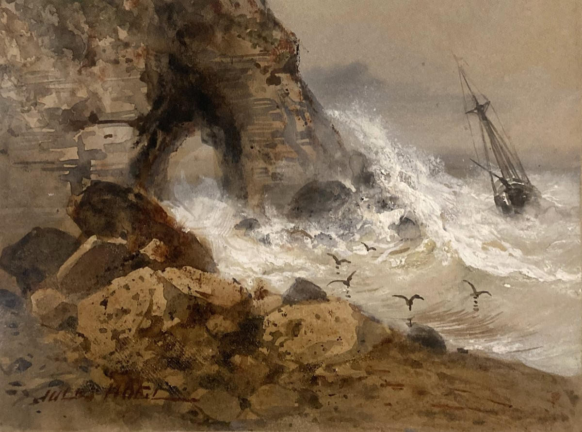 Jules Noël (1810-1881) "marine" Watercolor And White Gouache, Signed-photo-3
