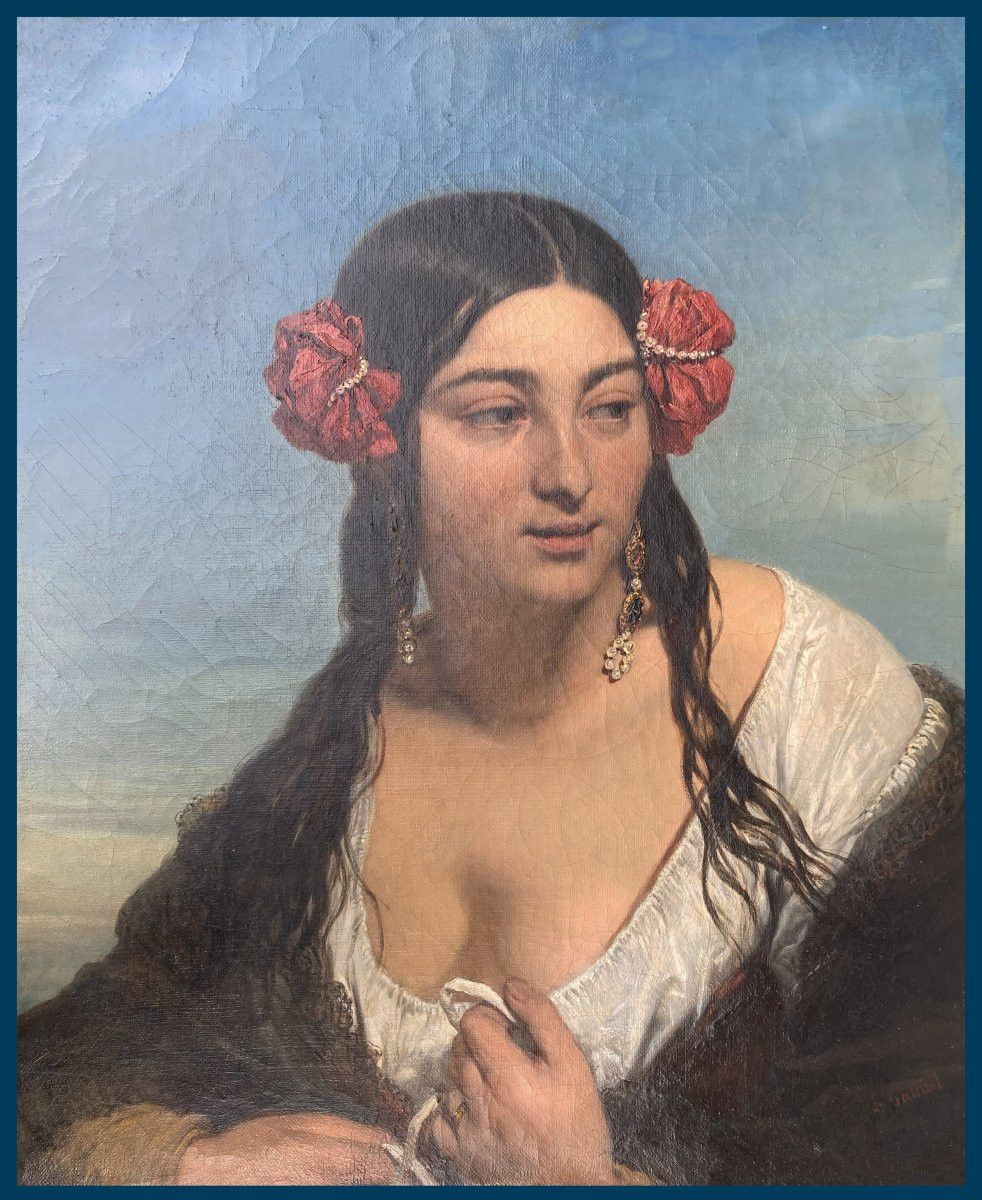 GALLAIT Louis (1810-1887) "Portrait de femme" Huile sur toile, Signé, Son beau cadre époque 19e-photo-2
