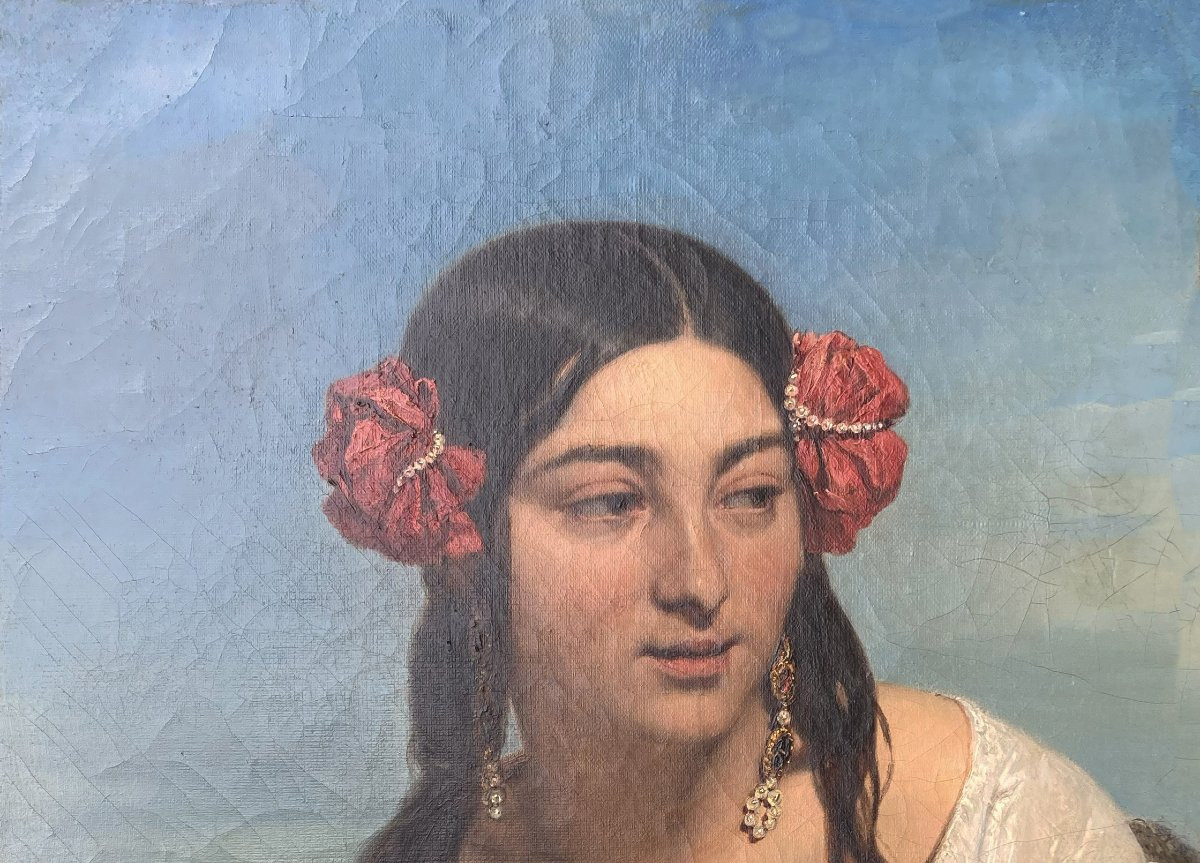 GALLAIT Louis (1810-1887) "Portrait de femme" Huile sur toile, Signé, Son beau cadre époque 19e-photo-3