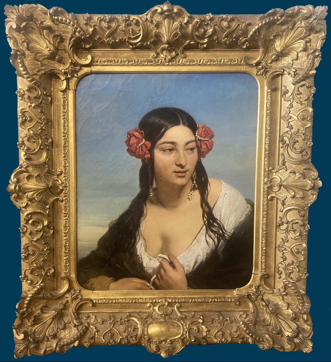 GALLAIT Louis (1810-1887) "Portrait de femme" Huile sur toile, Signé, Son beau cadre époque 19e
