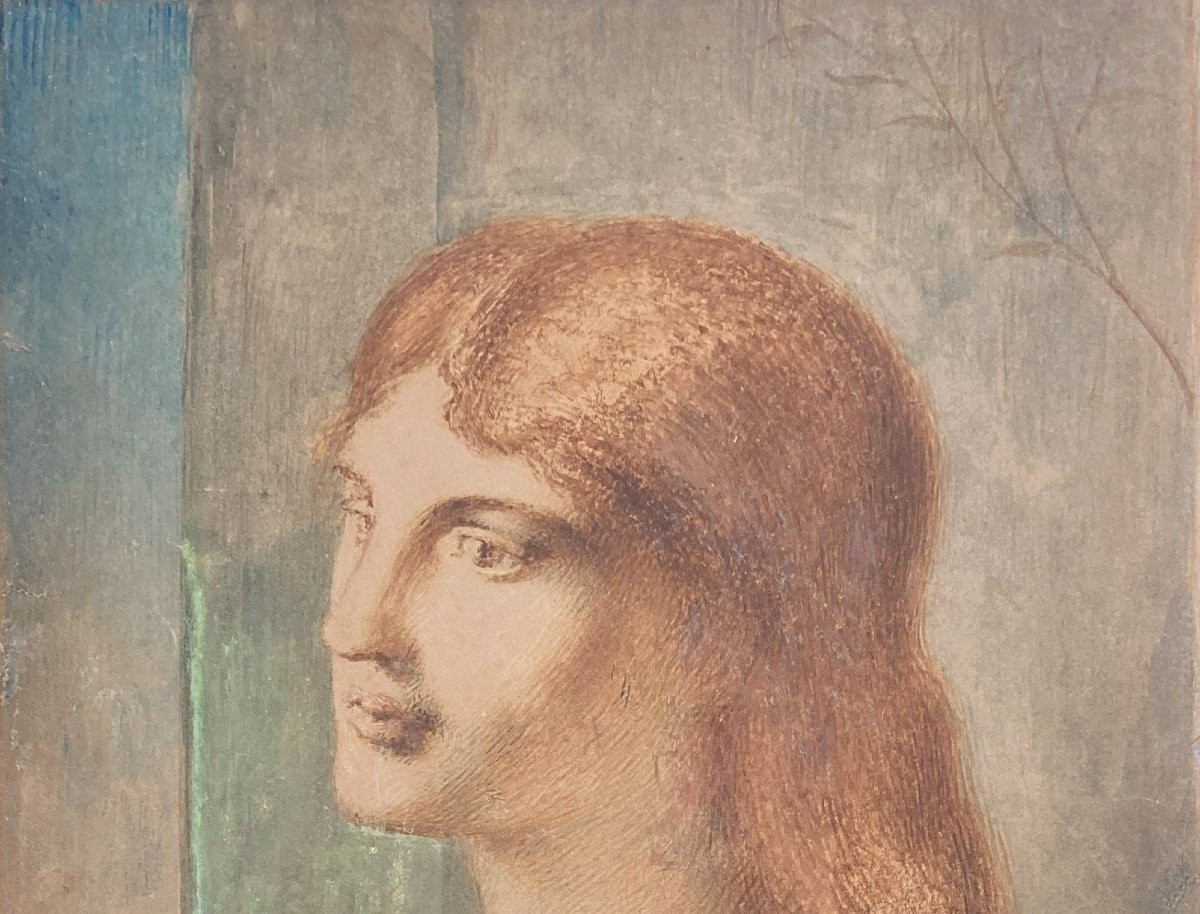 Salomon Siméon (1840-1905), Pre-raphaelite "portrait Of A Woman" Drawing/watercolor, Signed, Dated, 19th Century Frame-photo-2