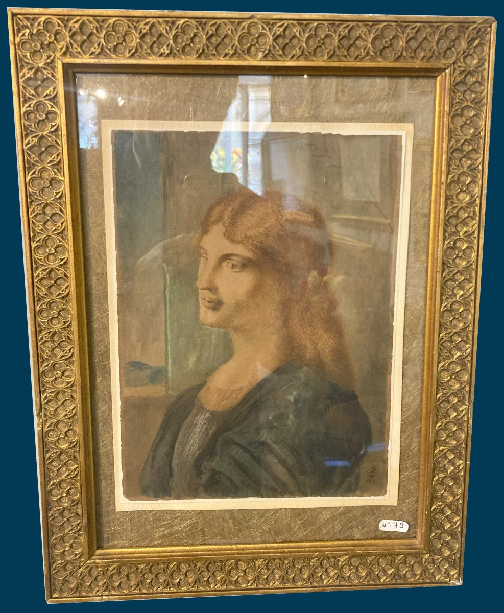 Salomon Siméon (1840-1905), Pre-raphaelite "portrait Of A Woman" Drawing/watercolor, Signed, Dated, 19th Century Frame-photo-4