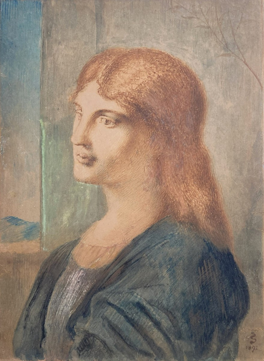 Salomon Siméon (1840-1905), Pre-raphaelite "portrait Of A Woman" Drawing/watercolor, Signed, Dated, 19th Century Frame