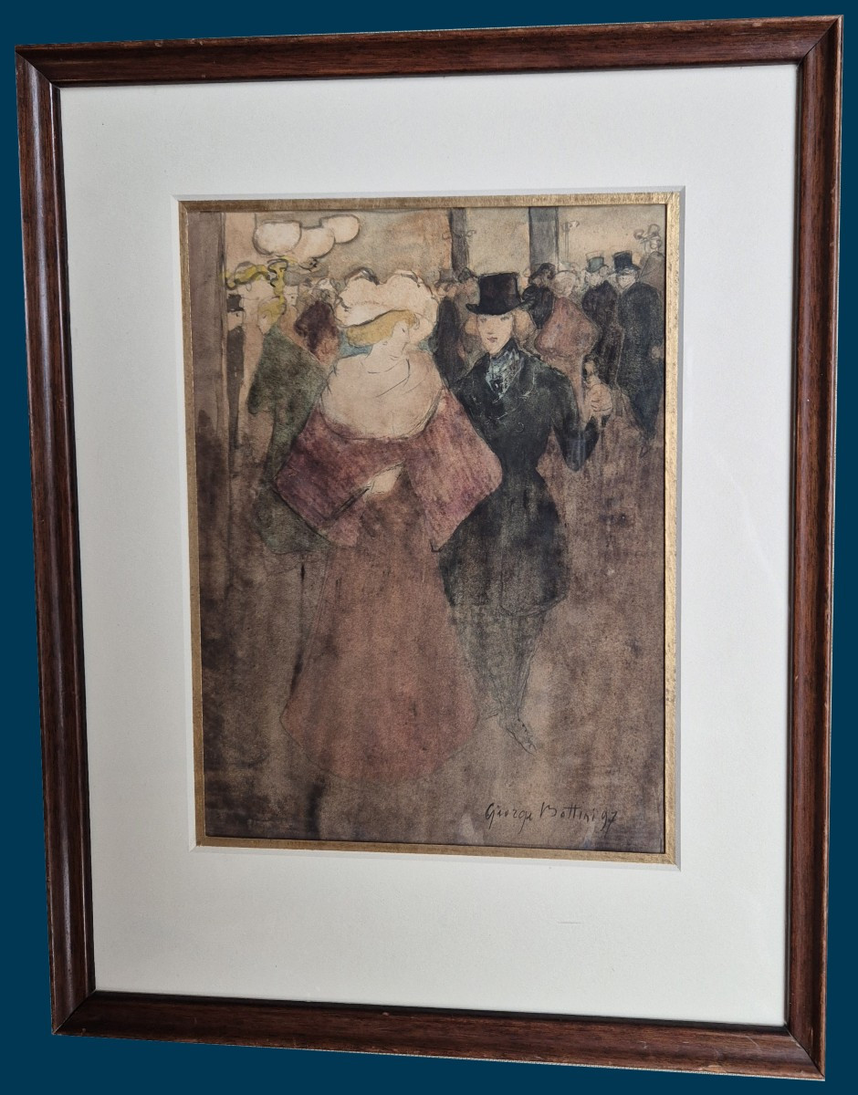 Georges Bottini (1874-1907) "elegant Women" Watercolor, Signed And Dated