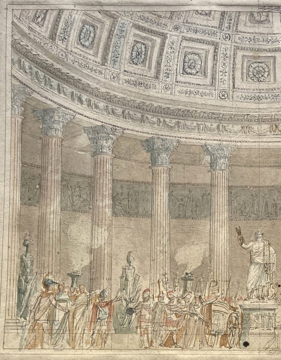 ECOLE FRANCAISE 18E Attribué à SOUFFLOT "Intérieur église et personnages antiques" Dessin/Plume-photo-2