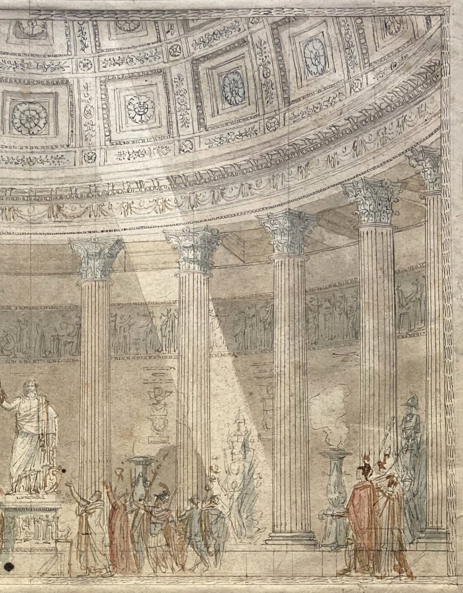 ECOLE FRANCAISE 18E Attribué à SOUFFLOT "Intérieur église et personnages antiques" Dessin/Plume-photo-3
