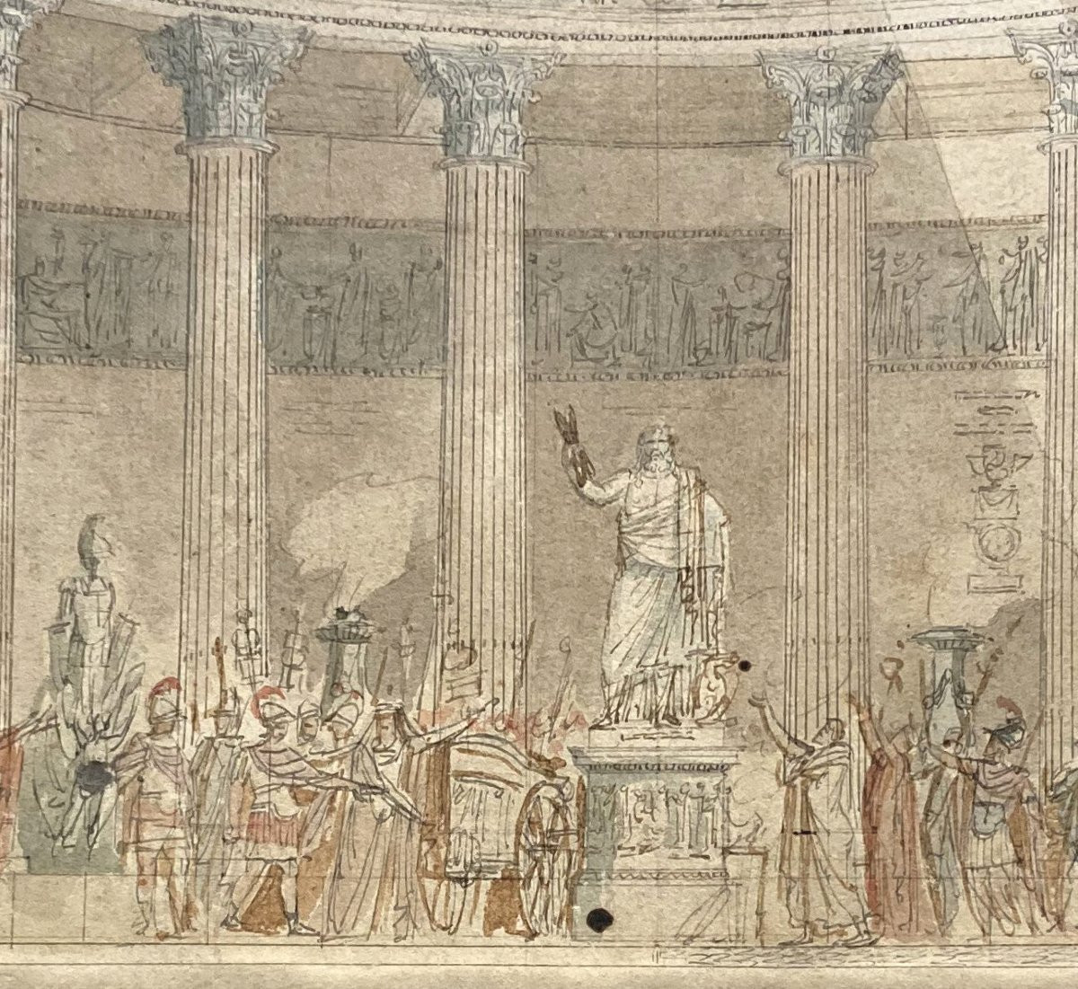 ECOLE FRANCAISE 18E Attribué à SOUFFLOT "Intérieur église et personnages antiques" Dessin/Plume-photo-4