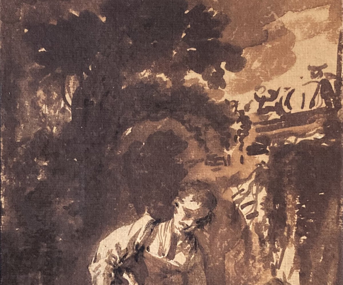 François Boucher (1703-1770) "figures & Dog" Brown Wash Drawing,provenance/authenticity, Framed-photo-2