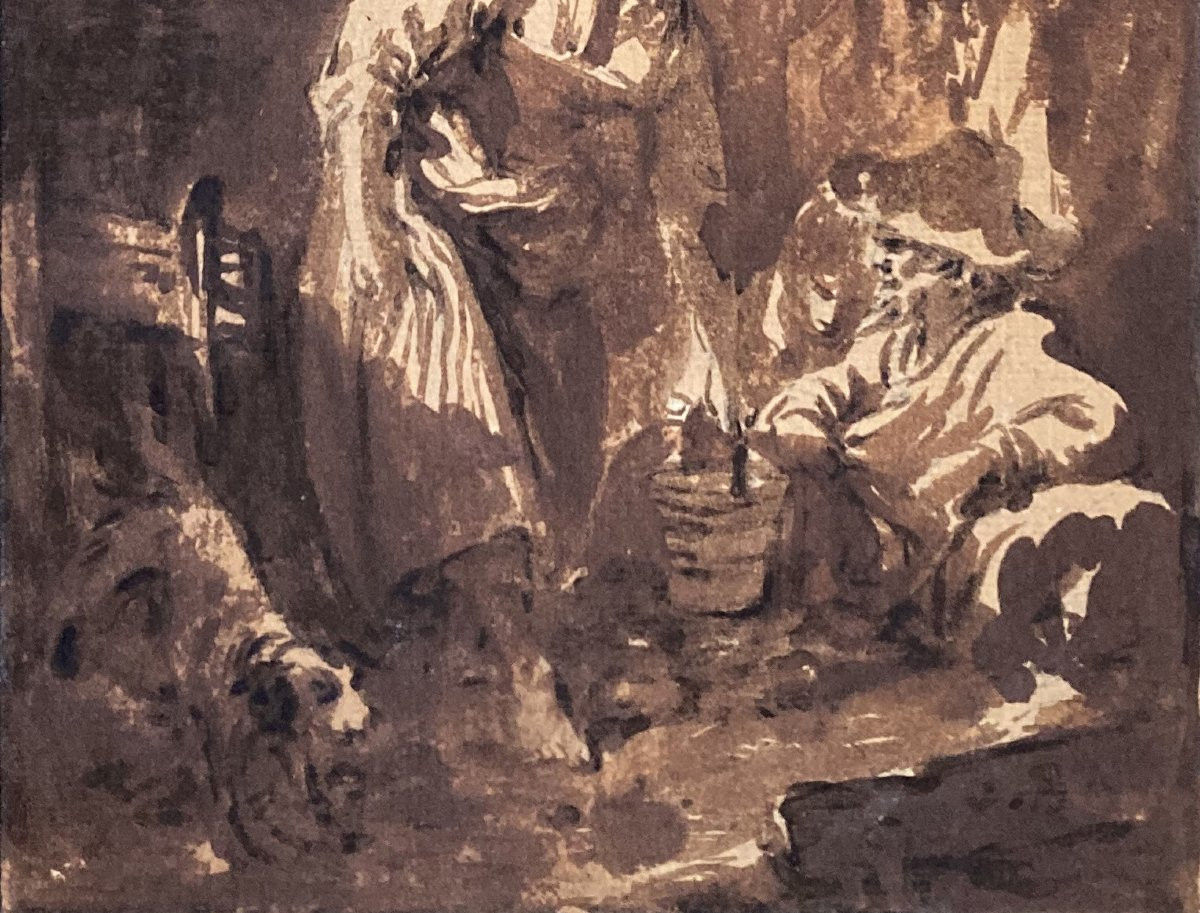 François Boucher (1703-1770) "figures & Dog" Brown Wash Drawing,provenance/authenticity, Framed-photo-3
