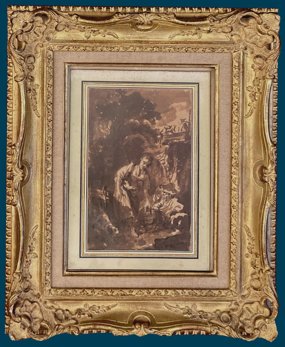 François Boucher (1703-1770) "figures & Dog" Brown Wash Drawing,provenance/authenticity, Framed-photo-4