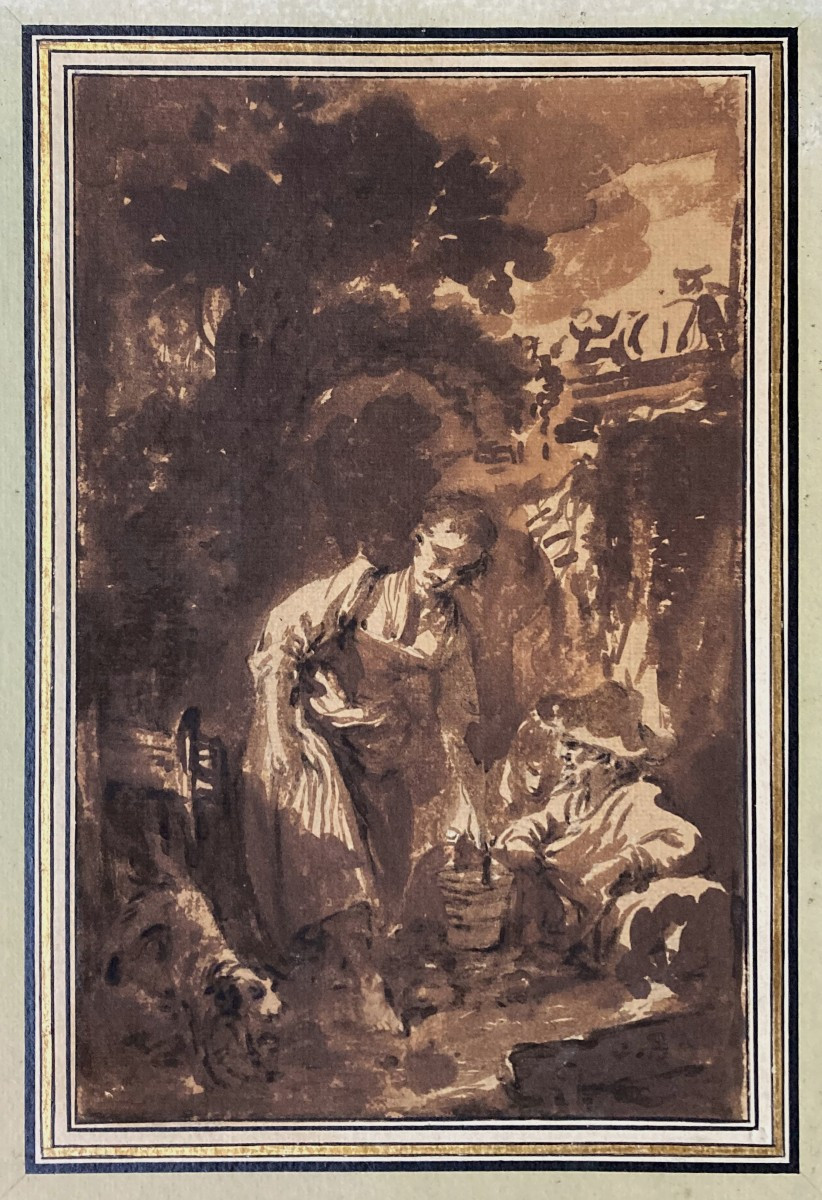 François Boucher (1703-1770) "figures & Dog" Brown Wash Drawing,provenance/authenticity, Framed