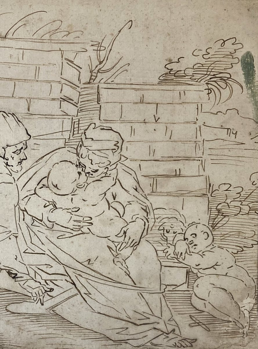 ECOLE FRANCAISE 16E SIECLE "La Sainte Famille" Dessin à la plume-photo-3