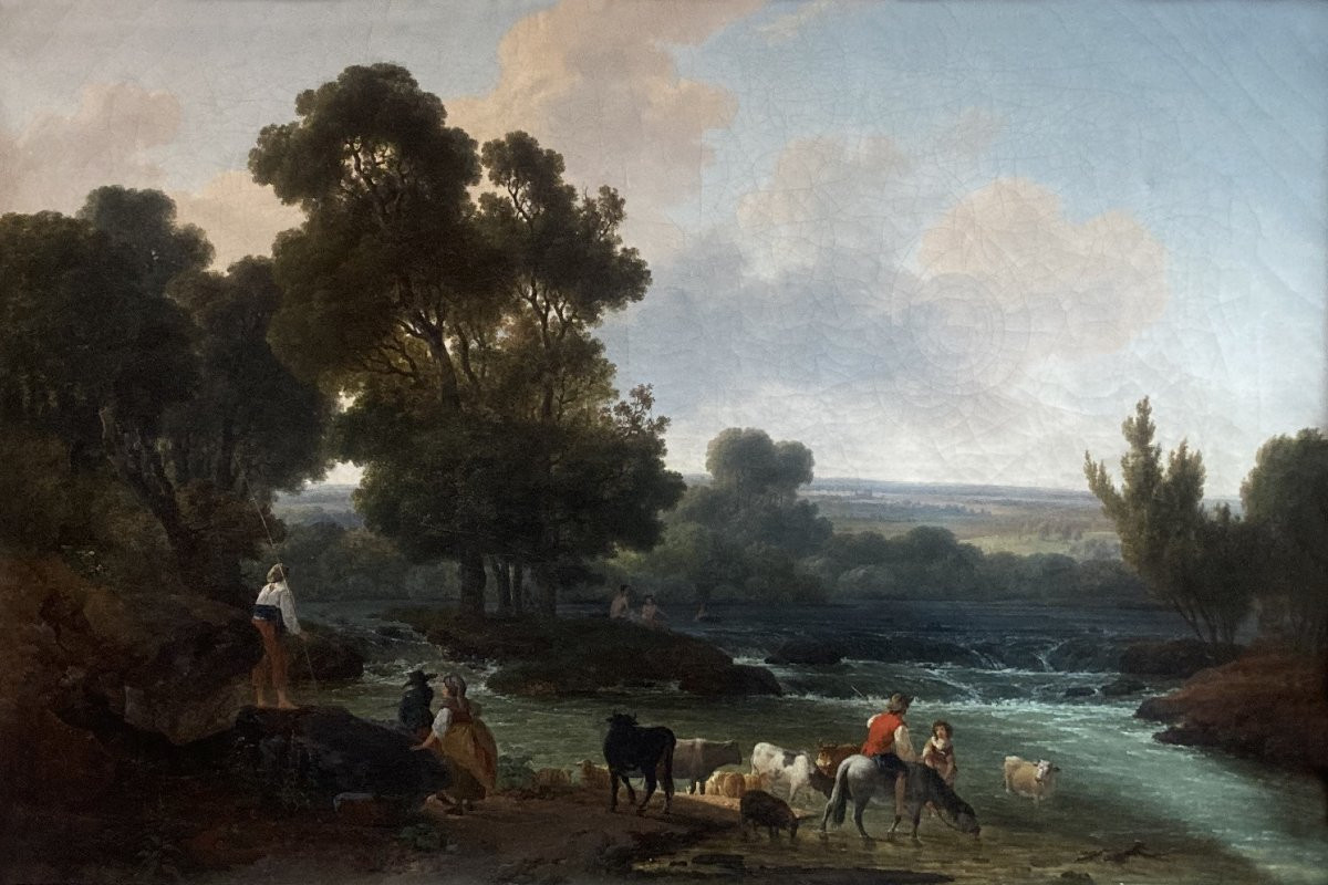 ECOLE FRANCAISE FIN DU 18E SIECLE "Paysage animé" Huile sur toile-photo-2