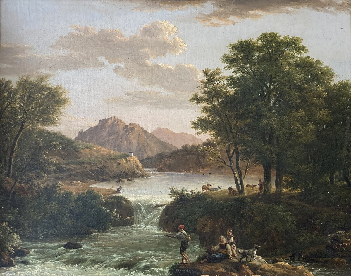 Jean-pierre Bidauld (1745-1813) "animated Landscape By The River" Oil On Canvas, Signed, Framed-photo-2
