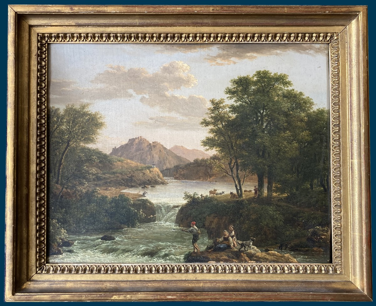 Jean-pierre Bidauld (1745-1813) "animated Landscape By The River" Oil On Canvas, Signed, Framed