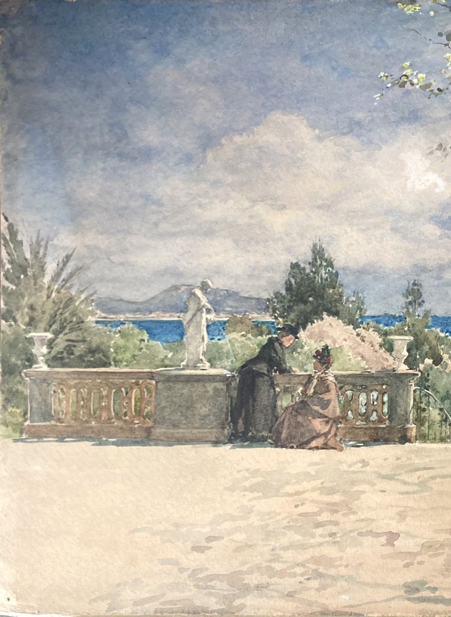 TRAYER Jules (1824-1908) "Terrasse Château de Michel PACHA à Tamaris" Dessin/Aquarelle, Signé-photo-2