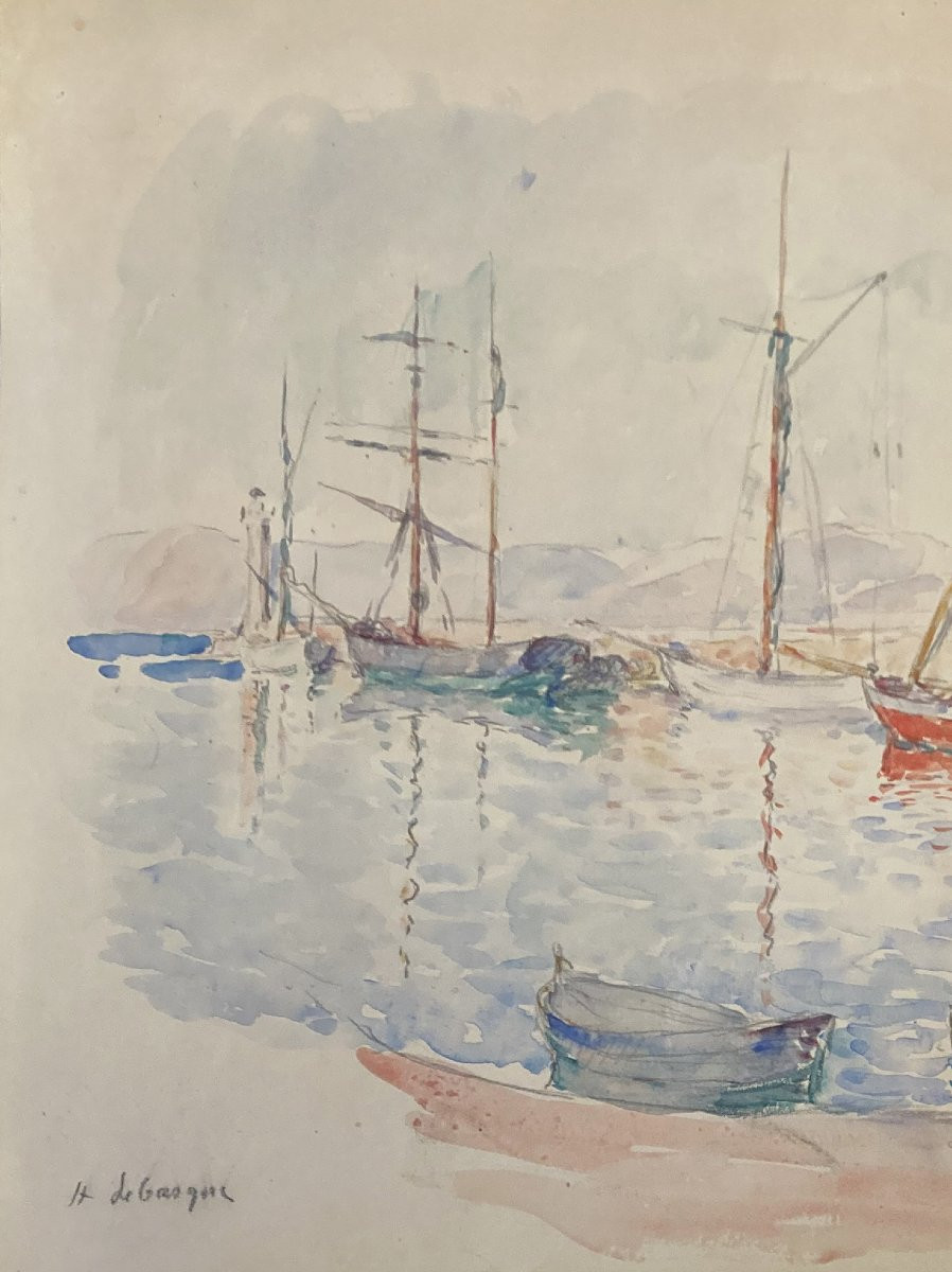 LEBASQUE Henri (1865-1937) "Bateaux au port" Dessin au crayon noir et aquarelle, signé-photo-2