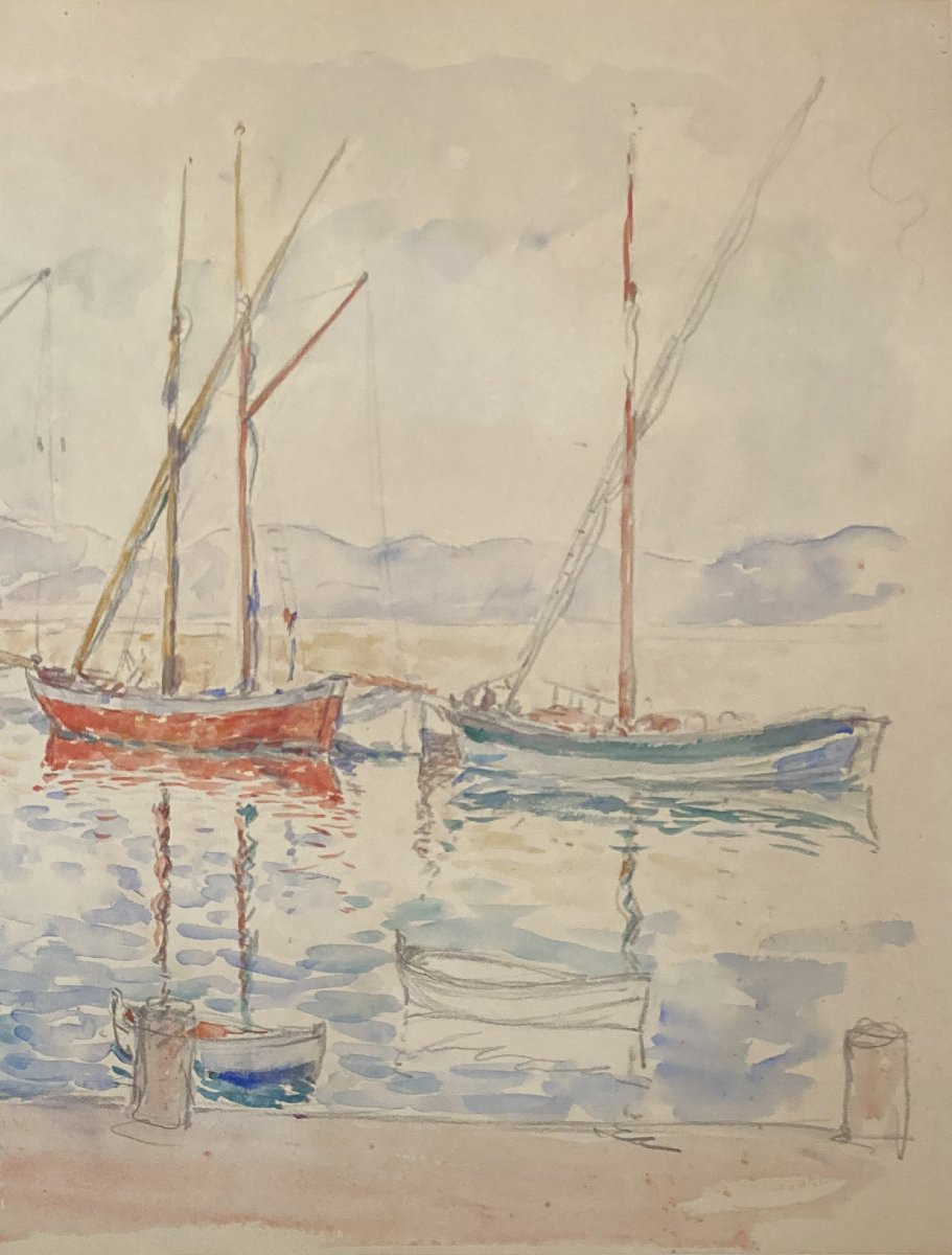 LEBASQUE Henri (1865-1937) "Bateaux au port" Dessin au crayon noir et aquarelle, signé-photo-3