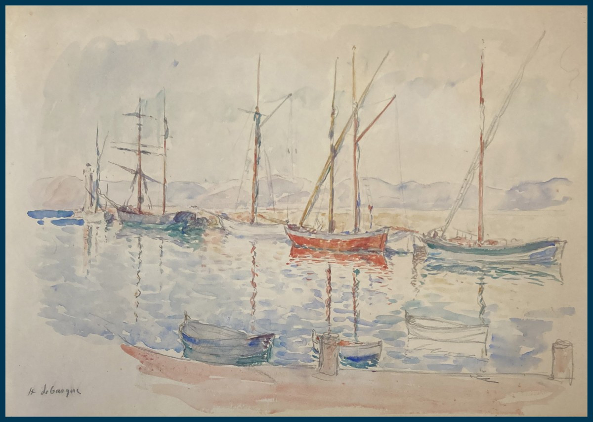 LEBASQUE Henri (1865-1937) "Bateaux au port" Dessin au crayon noir et aquarelle, signé