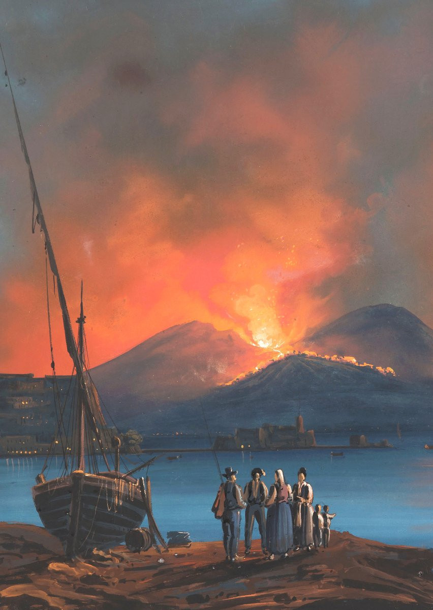 Camillo Da Vito (1790-1835) "night Eruption Of Vesuvius" Gouache, Signed, 19th Century Frame-photo-2
