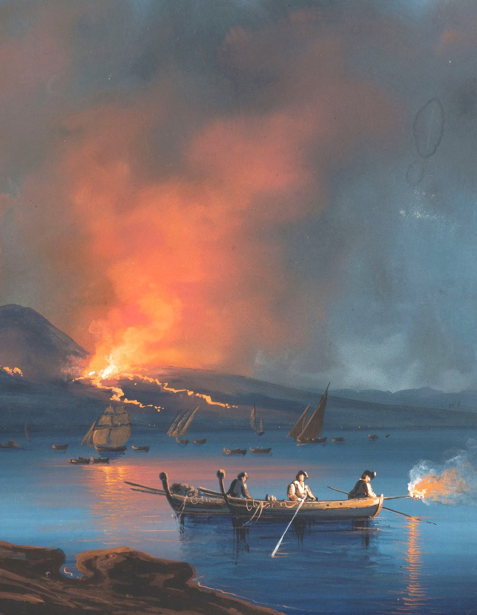 Camillo Da Vito (1790-1835) "night Eruption Of Vesuvius" Gouache, Signed, 19th Century Frame-photo-3