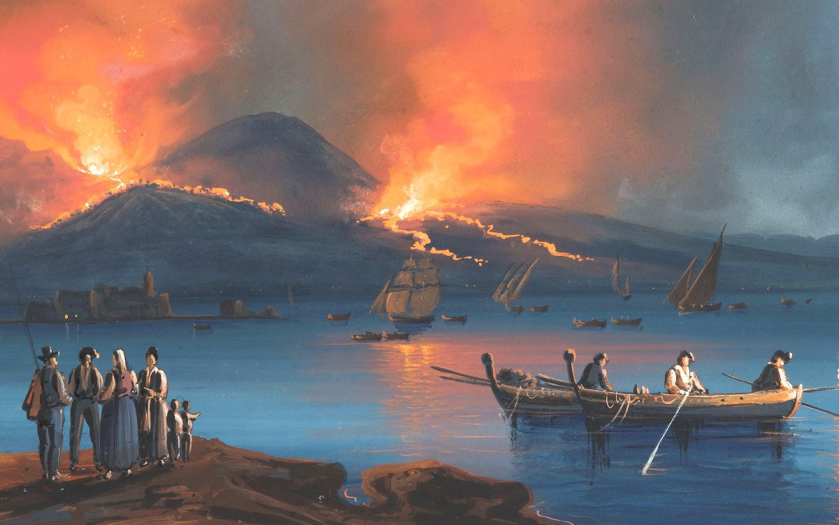 Camillo Da Vito (1790-1835) "night Eruption Of Vesuvius" Gouache, Signed, 19th Century Frame-photo-4