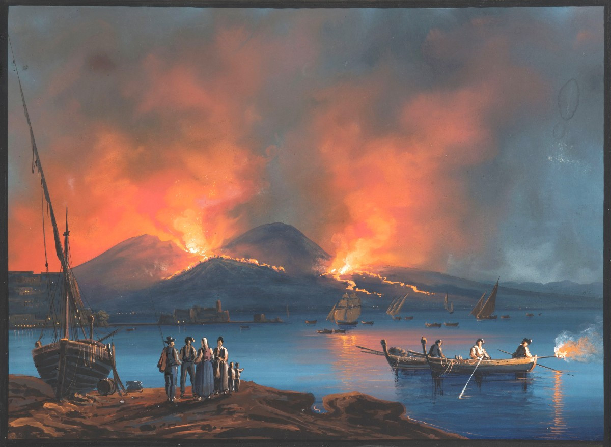 Camillo Da Vito (1790-1835) "night Eruption Of Vesuvius" Gouache, Signed, 19th Century Frame