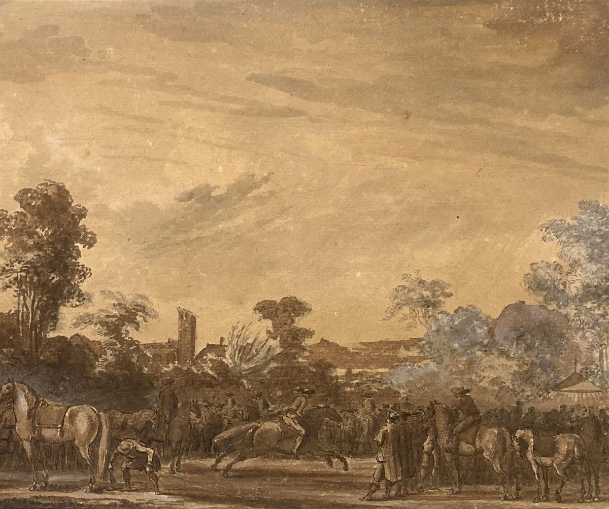 French School, 18th Century "figures And Horses" Drawing/pen, Brown Wash And White Highlights-photo-3