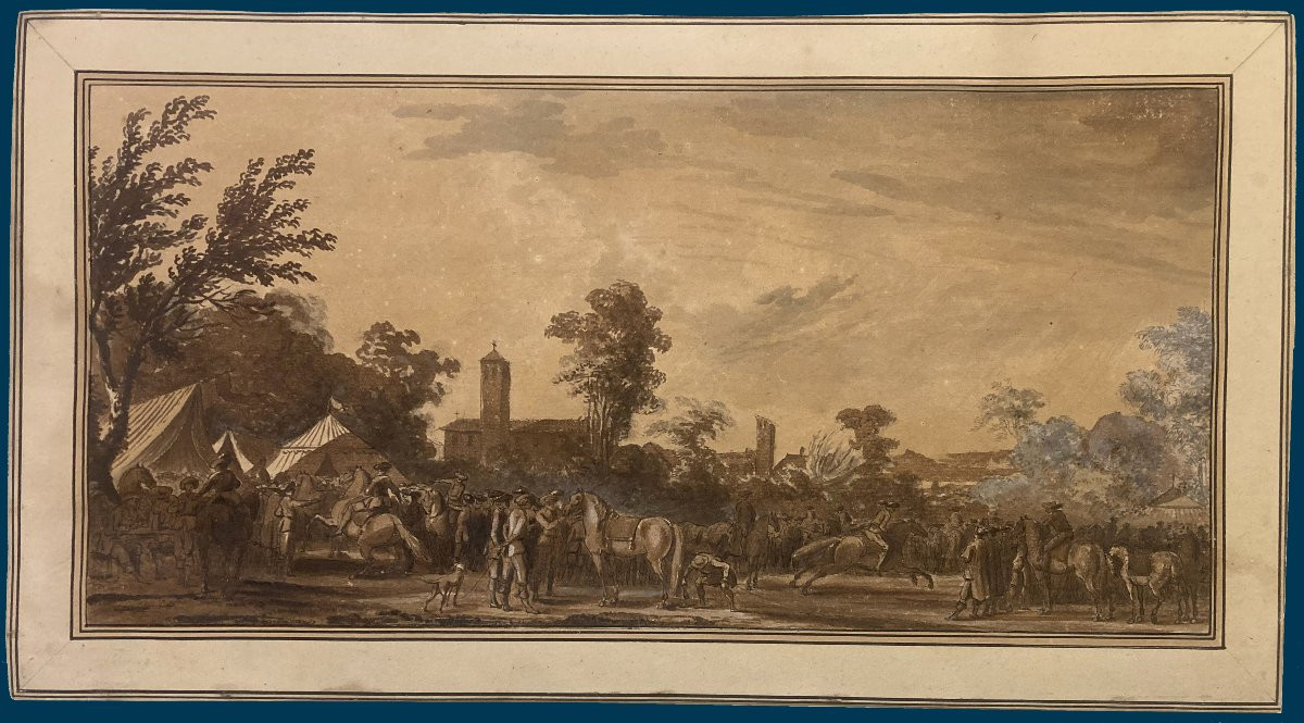 French School, 18th Century "figures And Horses" Drawing/pen, Brown Wash And White Highlights-photo-4